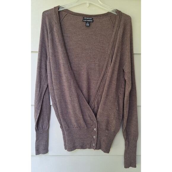 Club Monaco 100% Italian Merino Wool Lightweight Classic Deep V Brown Cardigan L - Picture 1 of 8
